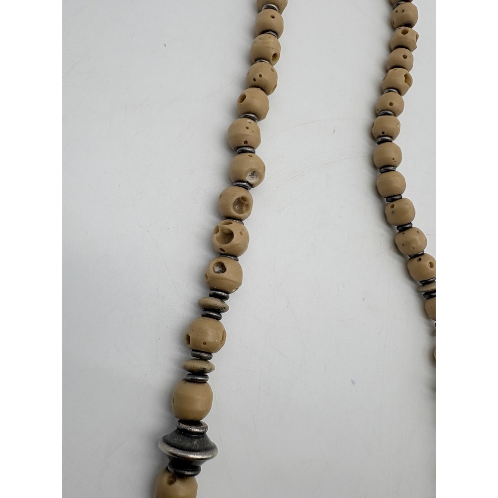 Boho Artisan Tan Carved Bead Necklace Silver Tone Ornate Metal Accents 28 Inch - Picture 9 of 11